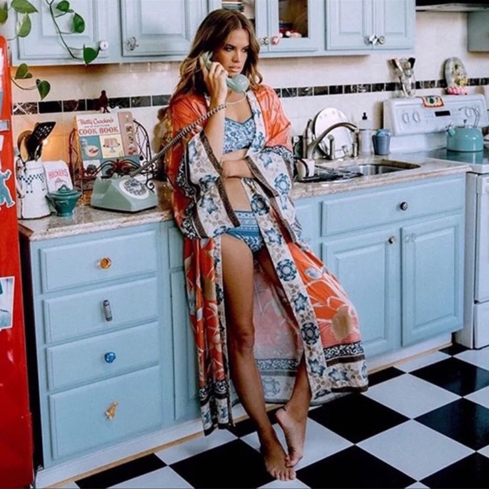 BOHO FLORAL Gypsy Bohemian Kimono Duster In Orange Pelican - Picture 3 of 12